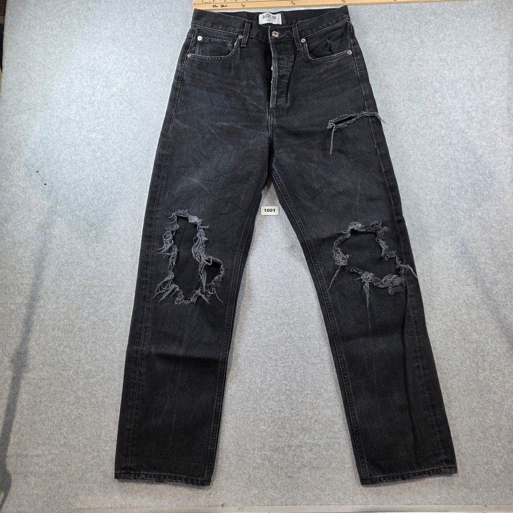 Agolde 90s Pinch Waist High Rise Straight Leg Distressed Black Jeans Size 25